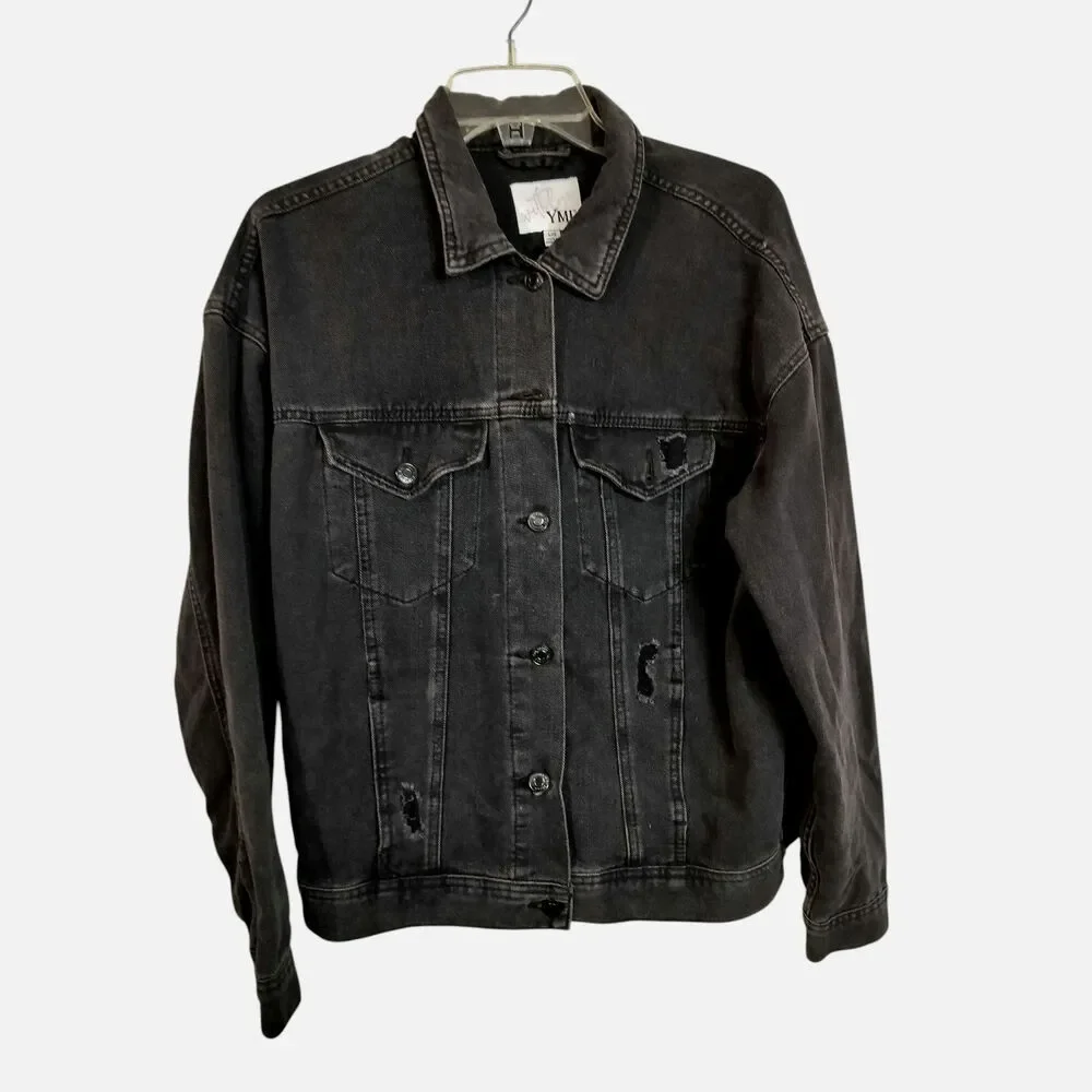 3814)YMI Long Sleeve Button Oversized Boyfriend Distressed Denim Jacket Large Jr - Picture 2 of 10